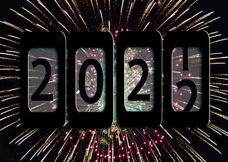 New year 2022 black odometer in fireworks displayの写真素材