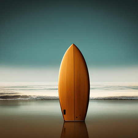 Upright wooden surfboard in beach sand with reflectionの素材