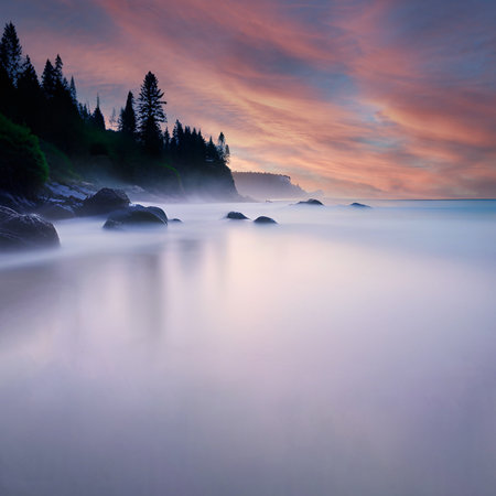 Morning mist on the lake with trees and rocksの素材