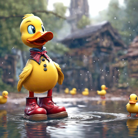 Yellow duck with red boots in rain puddleの素材
