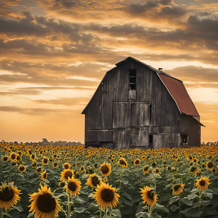Old rustic wooden barn in a sunflower field with sunset skyの素材