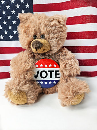 Brown teddy bear with election campaign vote pin and American flag backgroundの写真素材