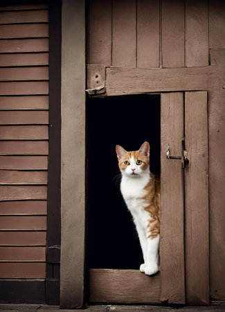 Cute gold and white tabby cat in a barn windowの素材