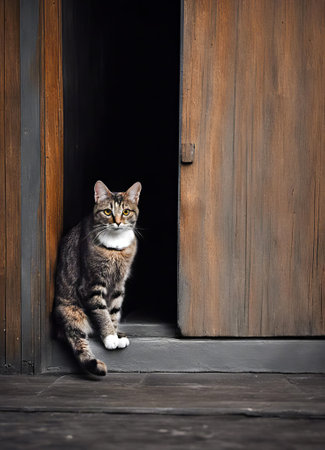 Tabby cat in old shed doorwayの素材