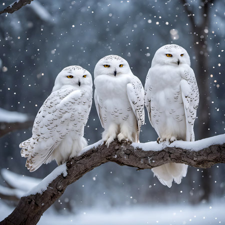 Three snowy owls on winter tree branch with snowflakesの素材