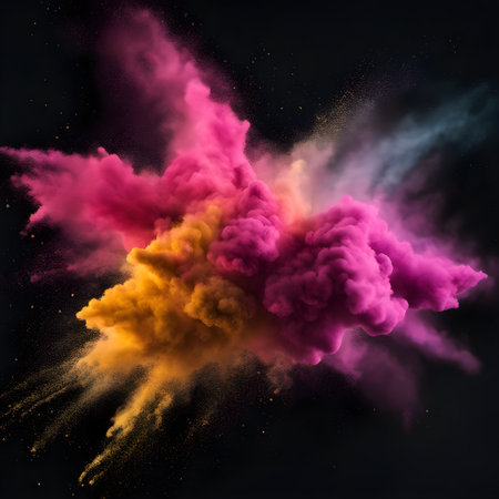 Colorful pink and orange powder explosion abstract on a black backgroundの素材