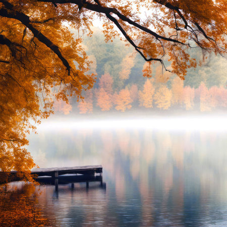 Misty lake with old wooden dock and autumn tree foliage reflection in waterの素材