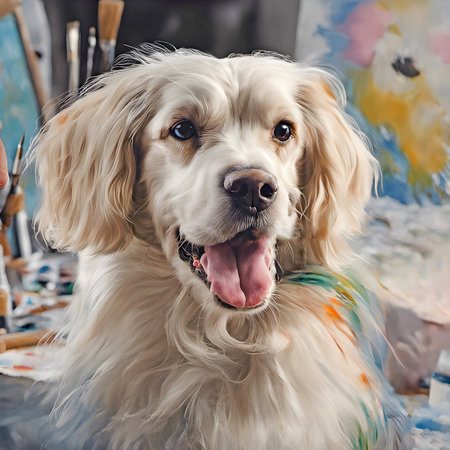 Golden retriever with paint stains on blond furの素材