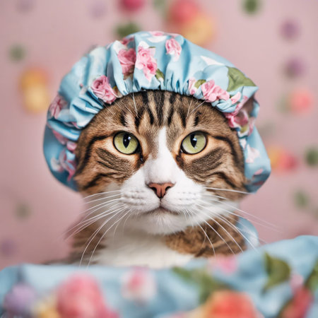 Tabby cat wearing a floral print shower capの素材