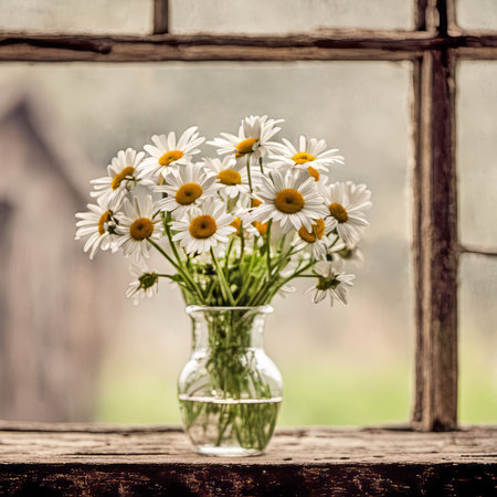 White daisy bouquet in a glass jar in an old wooden farmhouse windowの素材