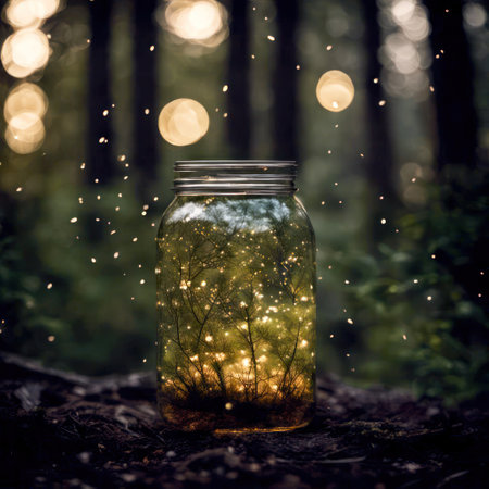 Close up of a glass jar filled with glowing firefliesの素材