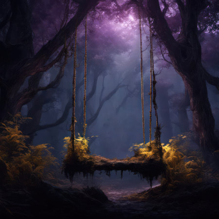 Ivy and moss tree swing in a spooky dark forestの素材