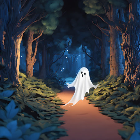 Cute white ghost floating down an eerie forest pathの素材