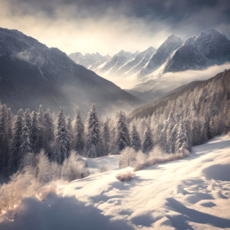 Winter misty mountains and snow-covered fir trees with sunlightの素材