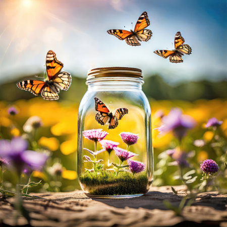 Monarch butterflies and pink and yellow wildflowers in glass jarの素材