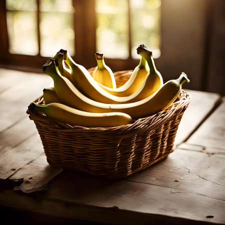 Ripe banana bunch in brown wicker basket on a rustic wooden tableの素材