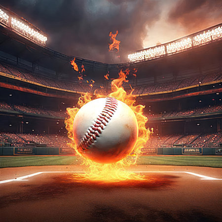 Baseball with glowing flames in a sports stadiumの素材