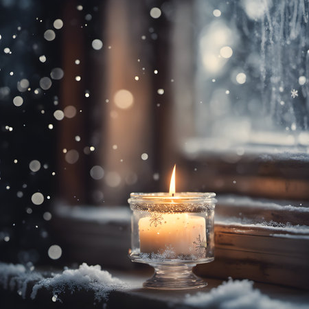 Glowing candle in winter window with snowの素材