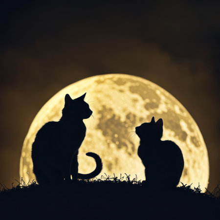 Silhouette of cats in golden moonlight with full moon backgroundの素材