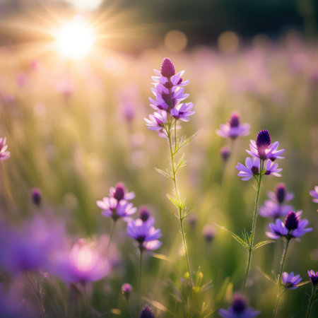 Close-up of purple wildflowers in a summer meadow with sunlightの素材