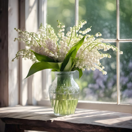 Pretty lily of the valley flower bouquet in an antique glass vase in a sunlit windowの素材