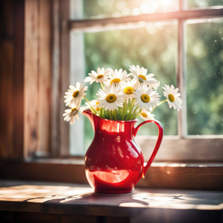 White daisies in a bright red pitcher on a rustic wooden table by a sunny windowの素材