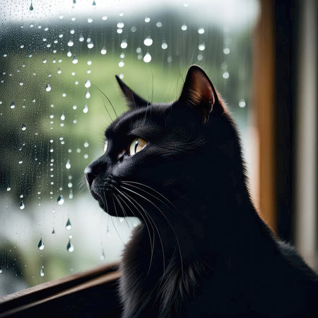 Black cat staring out of a window with raindropsの素材