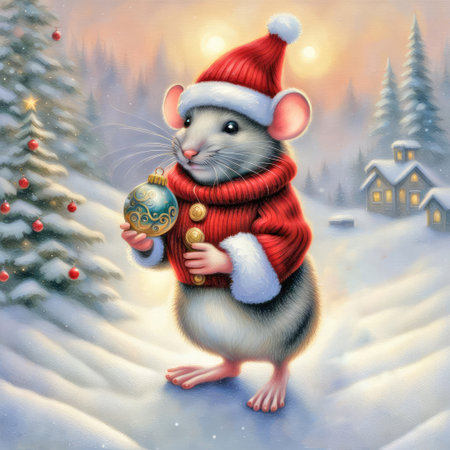 Christmas mouse holding an ornament with winter backgroundの素材