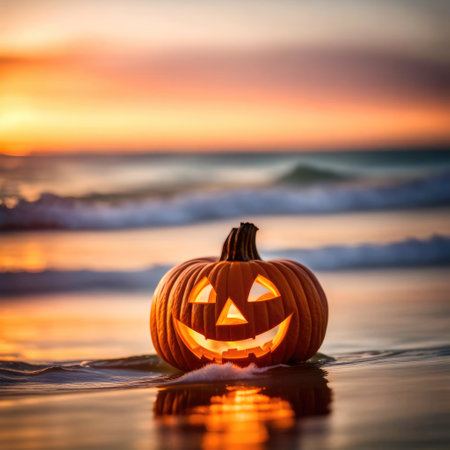 Glowing Halloween jack-o-lantern on an ocean beachの素材