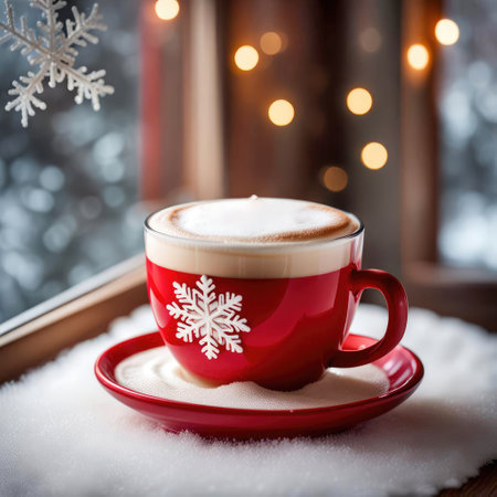 Red Christmas latte in a red cup with frothy cream and snowflakes and winter windowの素材
