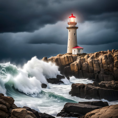 Lighthouse on a rocky peninsula with stormy waves and skyの素材