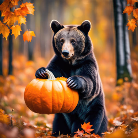 Brown bear with an orange pumpkin in autumn woodsの素材