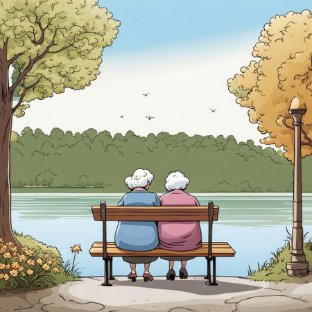 Two old ladies sitting on a park bench by lakeの素材