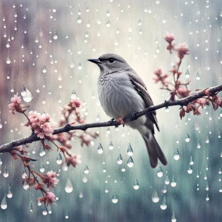 A bird on a spring cherry blossom branch in a wet rainy windowの素材