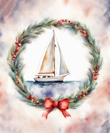 Watercolor sailboat in a Christmas wreath design on abstract backgroundの素材