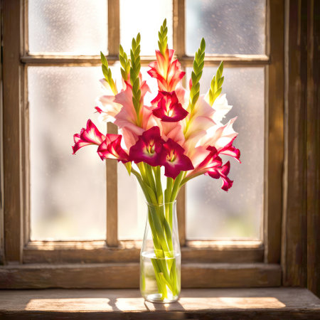 Orange, white and red gladiolus bouquet in glass vase by a sunny windowの素材