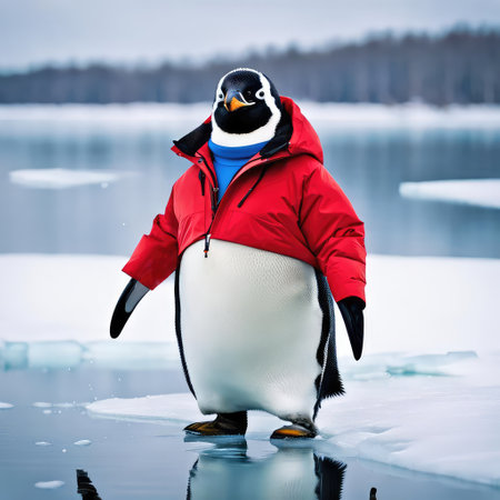 Cute penguin standing on ice wearing a zipped up jacketの素材