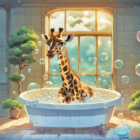 Giraffe taking a bubble bath in an old-fashioned white bathtubの素材