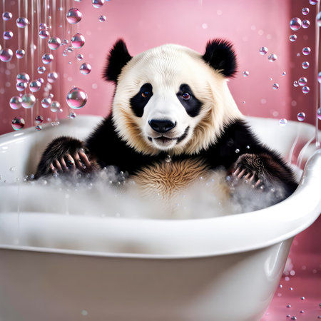 Panda bear soaking in a white bathtub with soapy bubblesの素材