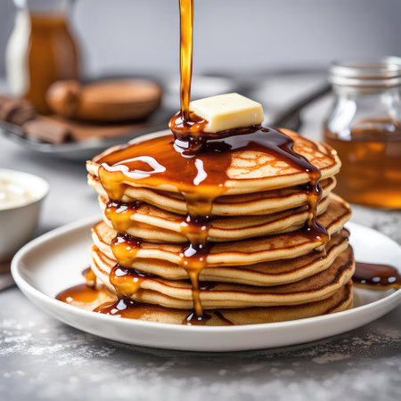 Dripping syrup on a tall stack of pancakes with a pat of butterの素材