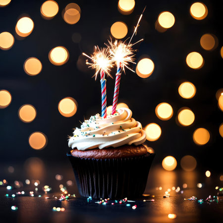 Chocolate cupcake with burning candle sparklers on table against black backgroundの素材