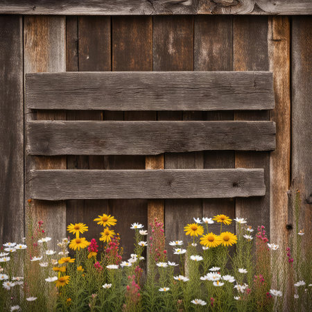 Rustic barn wood with summer wildflowersの素材