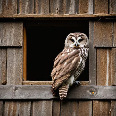 Barred owl in rustic barn wood windowの素材