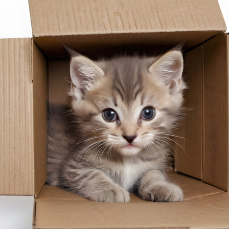 Cute tabby kitten in a brown cardboard boxの素材