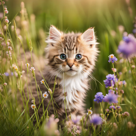 Cute tabby kitten in a field of summer wildflowersの素材
