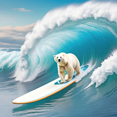 Polar bear riding a surfboard on a big ocean waveの素材