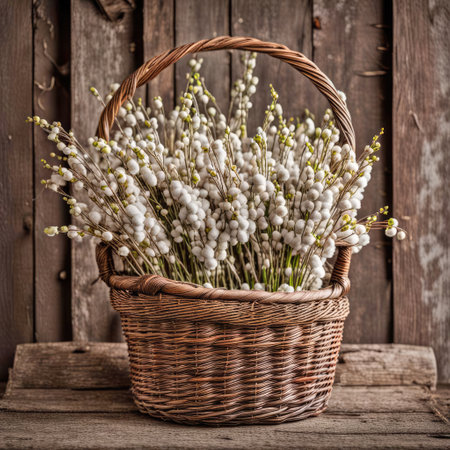 Pussywillow bouquet in a brown wicker basket on wooden tableの素材