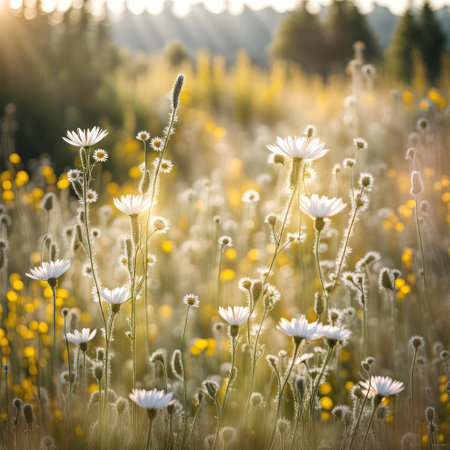 White daisy wildflowers in summer country meadowの素材