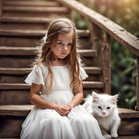 Little girl wearing a white dress and sitting on rustic wooden steps with white catの素材
