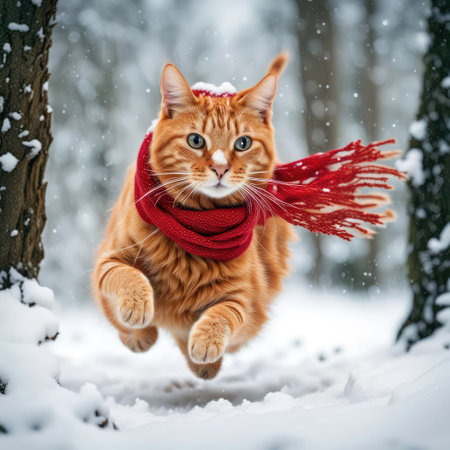 Ginger cat wearing a red winter knit scarf and running in snowの素材